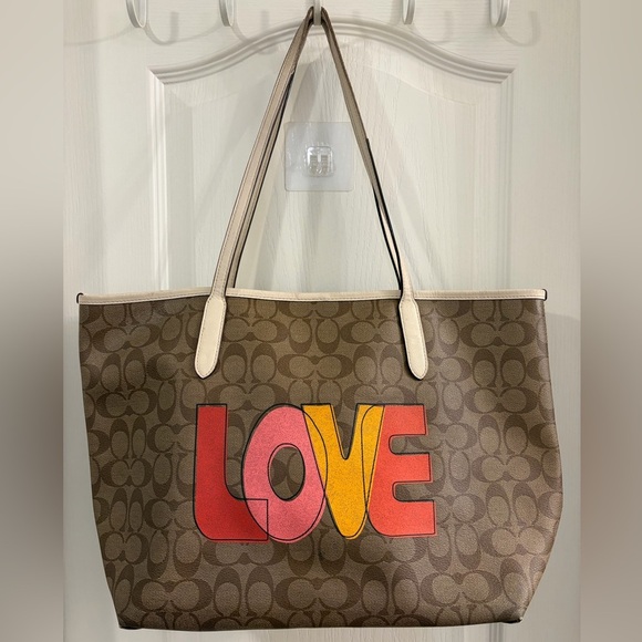 Coach Handbags - Coach Brown Tote with Red and Orange Love Print